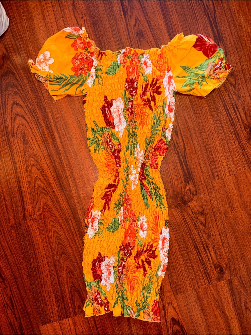 SHEIN Yellow Floral Smocked Puff-Sleeve One-Piece